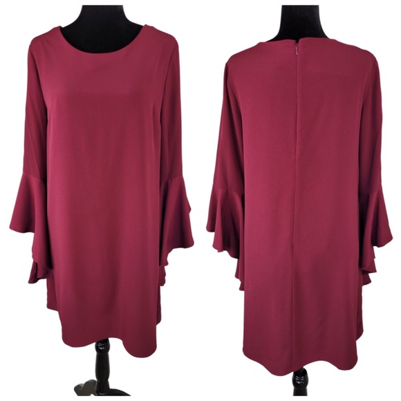 CeCe Long Ruffle Sleeve Trapeze Knee Length Maroon Red Dress size 8 - Picture 1 of 15